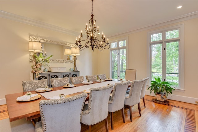 8 Tall Pine Ct, Augusta, GA 30909 - dining space featuring ornamental molding, a chandelier, wood finished floors, baseboards, and recessed lighting