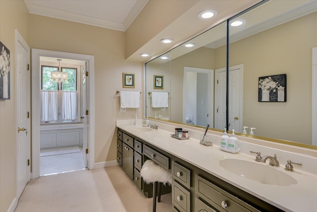 8 Tall Pine Ct, Augusta, GA 30909 - bathroom with double vanity, baseboards, crown molding, recessed lighting, and tile patterned flooring