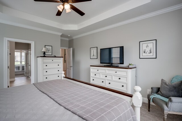 carpeted bedroom featuring a raised ceiling, ceiling fan, and ornamental molding