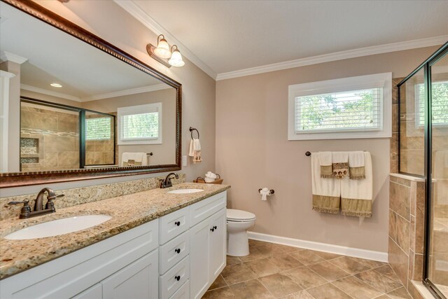 466 Cambridge Way, Martinez, GA 30907 - full bath featuring crown molding, a shower stall, double vanity, baseboards, and toilet