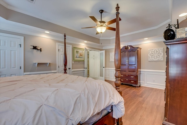 466 Cambridge Way, Martinez, GA 30907 - bedroom with light wood-type flooring, crown molding, wainscoting, ceiling fan, and recessed lighting