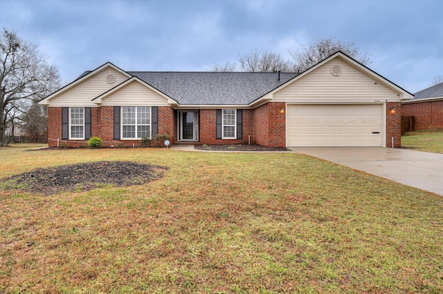 single story home with brick siding, driveway, a front yard, and a garage