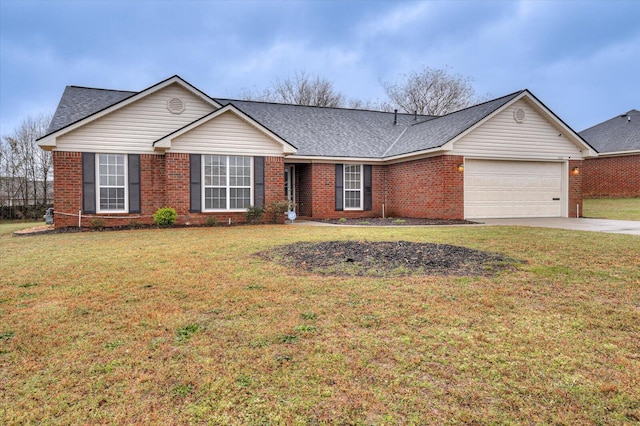 ranch-style house featuring brick siding, a shingled roof, a front yard, driveway, and an attached garage