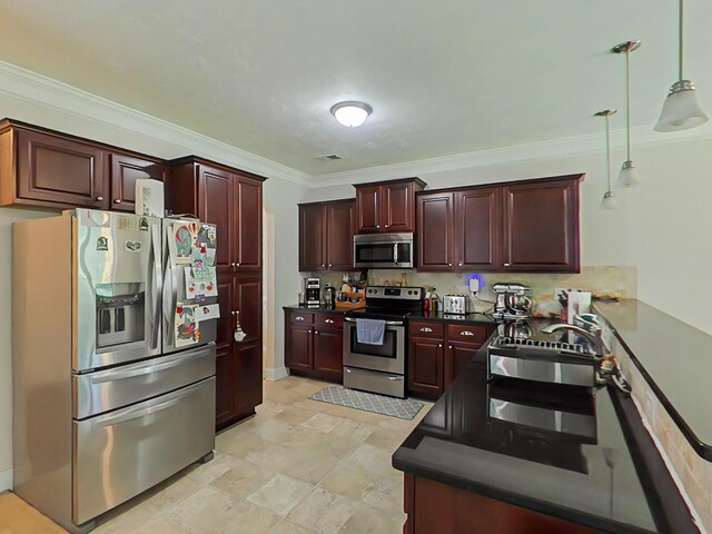 2461 Newbury Ave, Grovetown, GA 30813 - kitchen with appliances with stainless steel finishes, a sink, dark countertops, decorative light fixtures, and ornamental molding