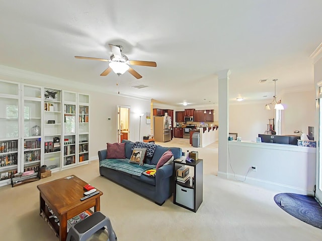 2461 Newbury Ave, Grovetown, GA 30813 - living room featuring light colored carpet, ceiling fan, ornamental molding, and ornate columns