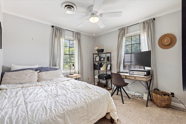 2920 Arrowhead Dr, Augusta, GA 30909 - carpeted bedroom with multiple windows, ornamental molding, an office area, baseboards, and a ceiling fan