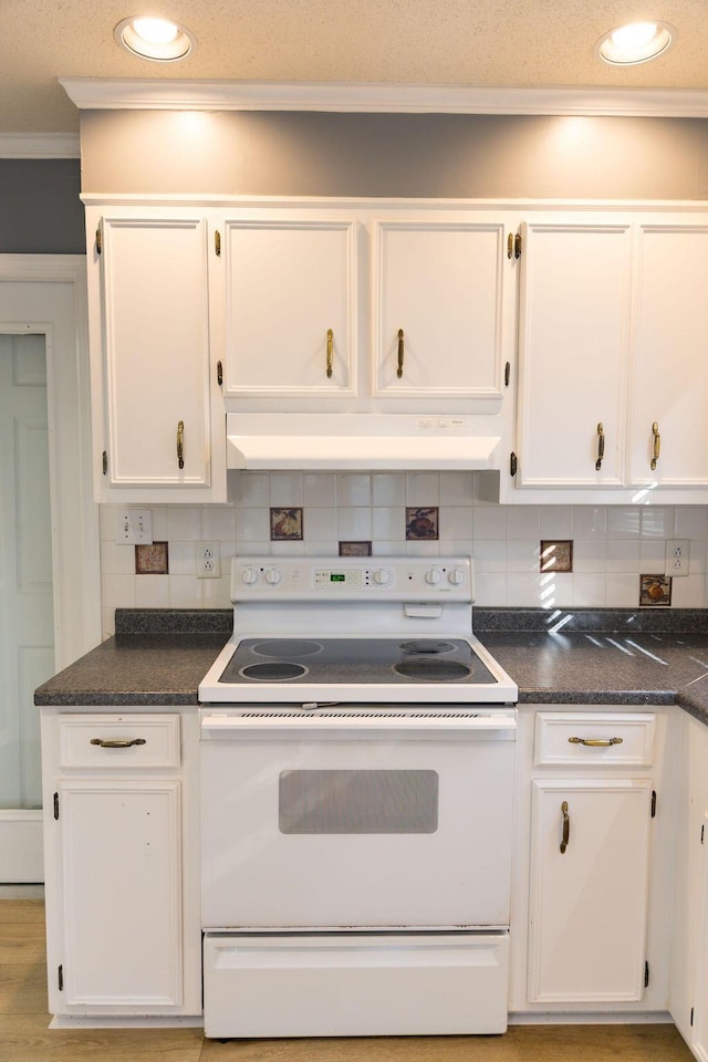 337 Patton Ct, Martinez, GA 30813 - kitchen featuring electric range, crown molding, white cabinetry, dark countertops, and decorative backsplash