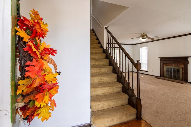 staircase featuring a brick fireplace, baseboards, ornamental molding, carpet flooring, and a ceiling fan