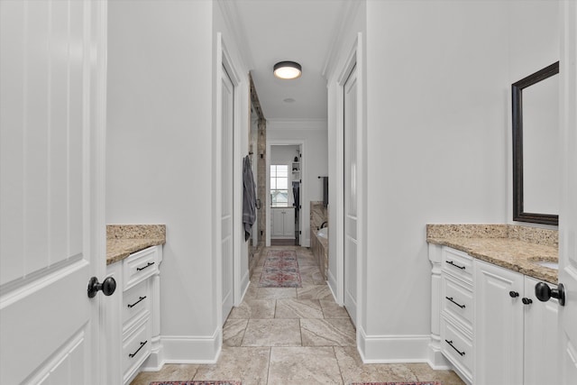 5099 Grande Park, Evans, GA 30809 - bathroom with baseboards, ornamental molding, vanity, a bath, and a shower