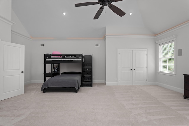 5099 Grande Park, Evans, GA 30809 - carpeted bedroom with high vaulted ceiling, baseboards, a closet, a ceiling fan, and recessed lighting