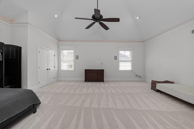 5099 Grande Park, Evans, GA 30809 - bedroom featuring baseboards, light colored carpet, multiple windows, high vaulted ceiling, and recessed lighting
