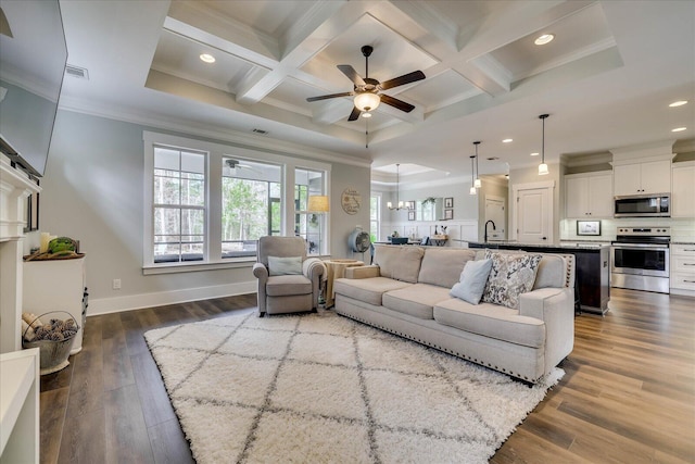 338 Pro Cir, Mccormick, SC 29835 - living room with beamed ceiling, ornamental molding, coffered ceiling, a ceiling fan, and dark wood-style flooring