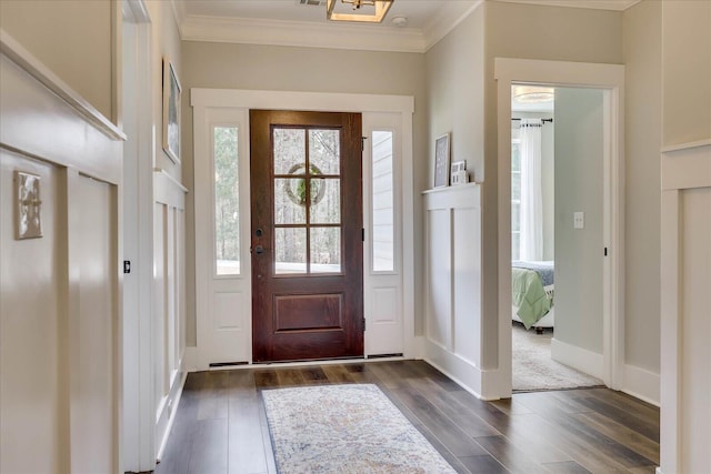 338 Pro Cir, Mccormick, SC 29835 - foyer featuring dark wood-style floors, baseboards, and ornamental molding