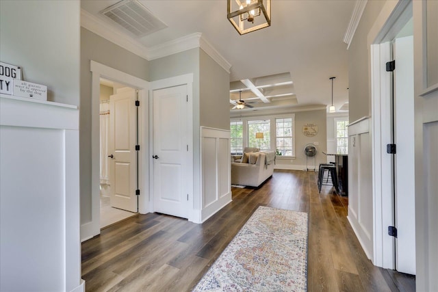 338 Pro Cir, Mccormick, SC 29835 - hall featuring visible vents, ornamental molding, beam ceiling, coffered ceiling, and dark wood-style flooring