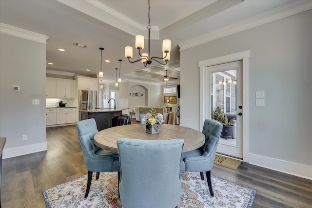 338 Pro Cir, Mccormick, SC 29835 - dining room featuring baseboards, dark wood-style floors, visible vents, and ornamental molding