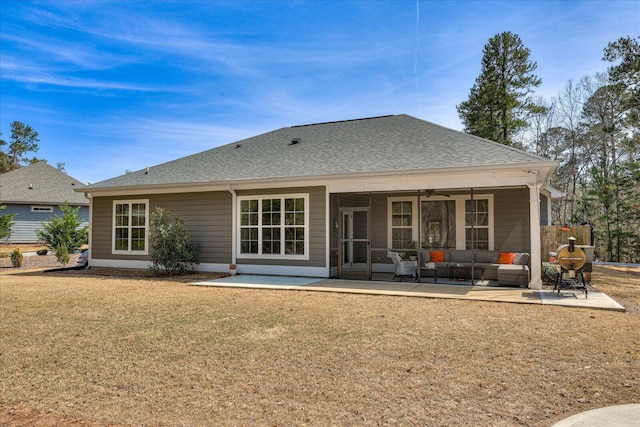 338 Pro Cir, Mccormick, SC 29835 - rear view of house with a sunroom, a shingled roof, a patio area, a lawn, and an outdoor hangout area