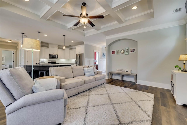 338 Pro Cir, Mccormick, SC 29835 - living room with beam ceiling, coffered ceiling, ceiling fan, and dark wood-style flooring