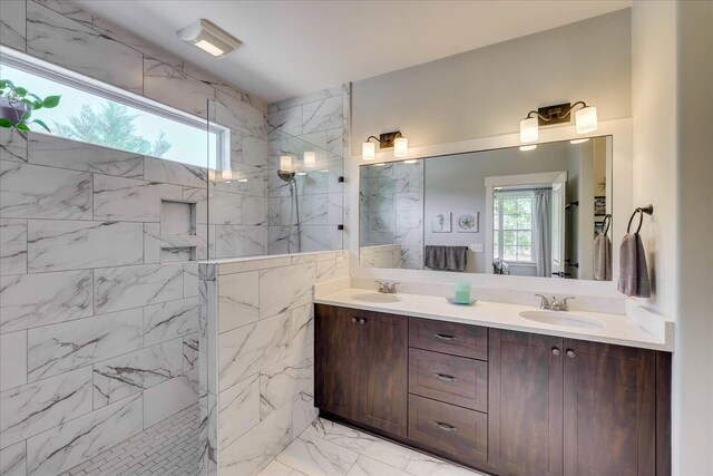 338 Pro Cir, Mccormick, SC 29835 - bathroom featuring double vanity, marble finish floor, a marble finish shower, and a sink