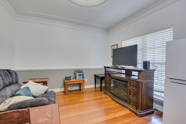 living room featuring hardwood / wood-style floors and ornamental molding