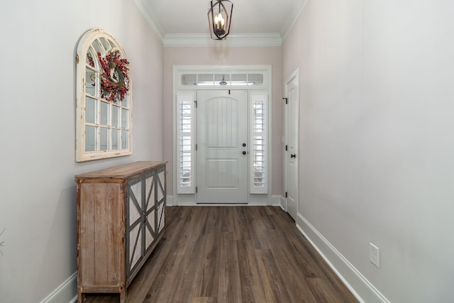 entryway featuring dark wood-type flooring and ornamental molding