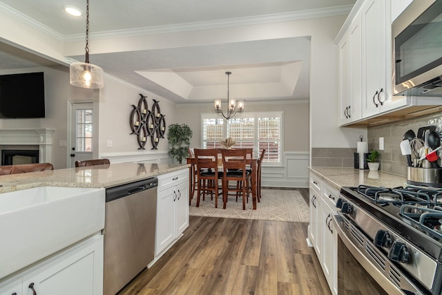 kitchen featuring white cabinetry, hanging light fixtures, a raised ceiling, hardwood / wood-style flooring, and stainless steel appliances