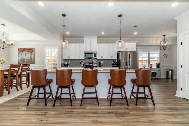 kitchen with appliances with stainless steel finishes, a kitchen island with sink, hanging light fixtures, a kitchen breakfast bar, and white cabinets