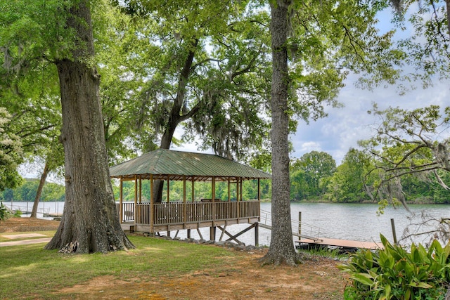 dock area featuring a water view and a gazebo