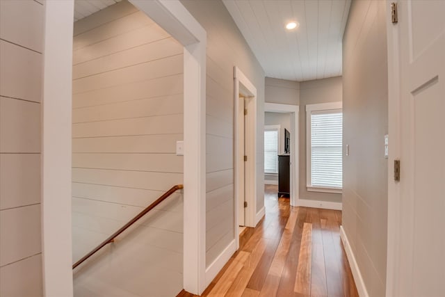 corridor with recessed lighting and light wood finished floors