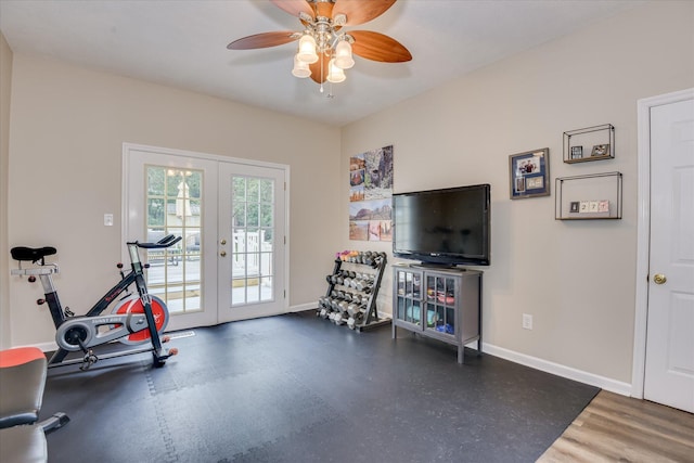 32 Creekside Dr, Aiken, SC 29803 - workout room featuring french doors, baseboards, and ceiling fan