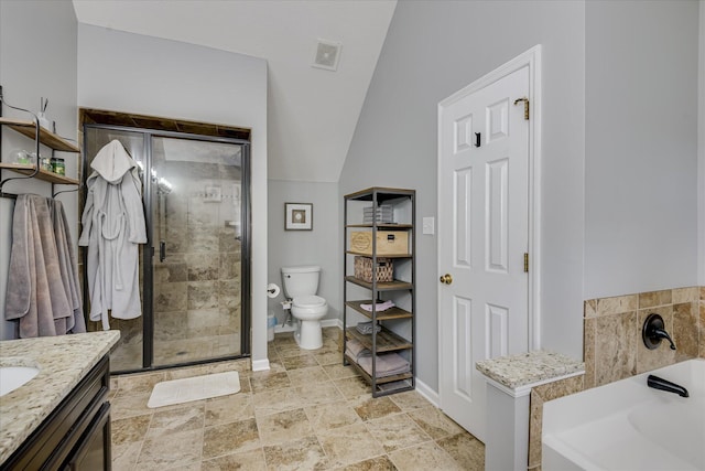 32 Creekside Dr, Aiken, SC 29803 - bathroom with a garden tub, vanity, a stall shower, toilet, and lofted ceiling