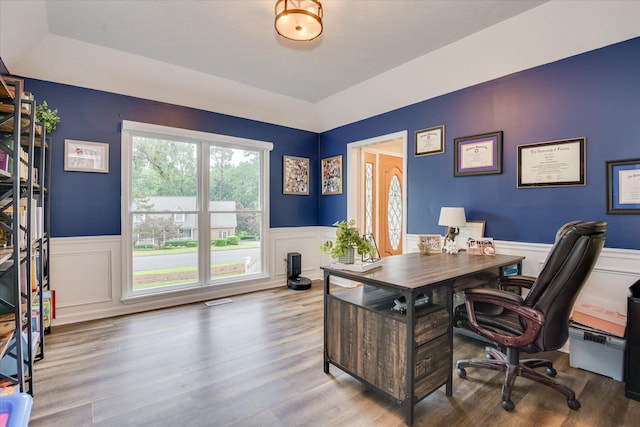 32 Creekside Dr, Aiken, SC 29803 - office space with a wainscoted wall, wood finished floors, a decorative wall, and baseboard heating
