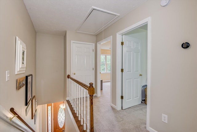 32 Creekside Dr, Aiken, SC 29803 - hall with attic access, an upstairs landing, light colored carpet, baseboards, and a textured ceiling