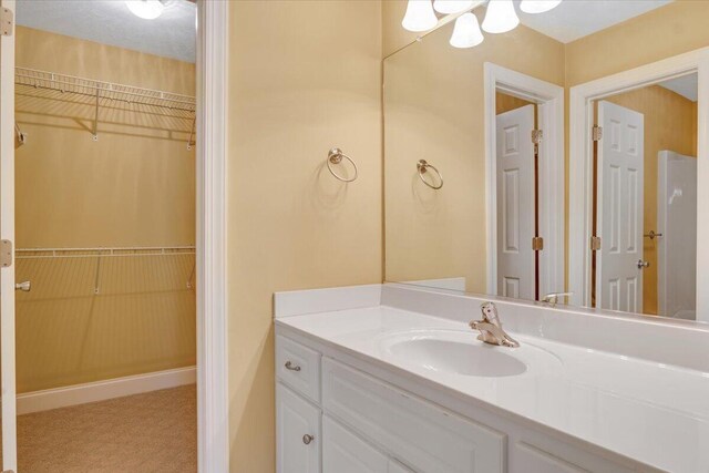 bathroom with vanity and a walk in closet