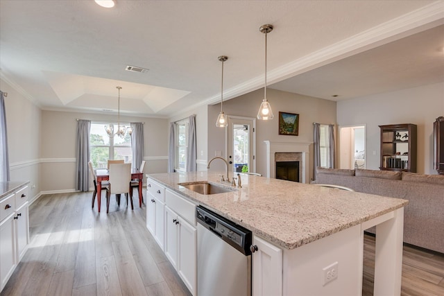4932 Fairmont Dr, Graniteville, SC 29829 - kitchen with visible vents, light wood-style floors, a tray ceiling, a sink, and dishwasher