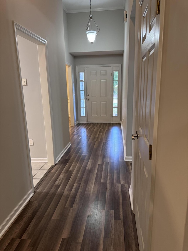 foyer entrance with dark hardwood / wood-style floors and ornamental molding