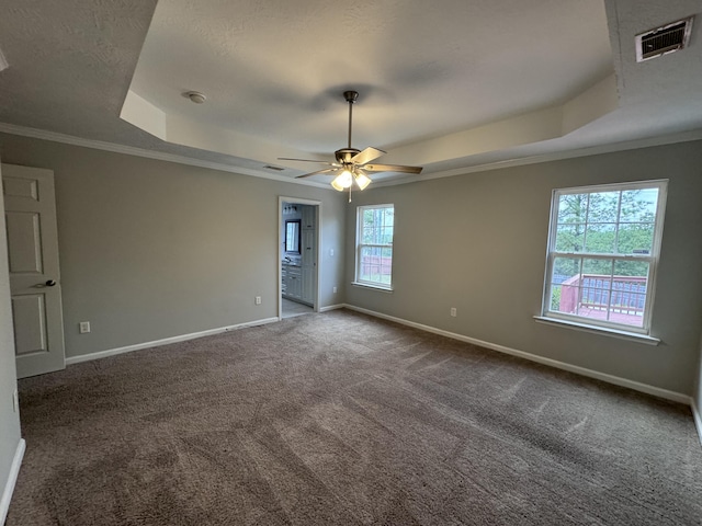 carpeted spare room with ceiling fan, a raised ceiling, and ornamental molding