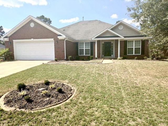 single story home with a front lawn and a garage