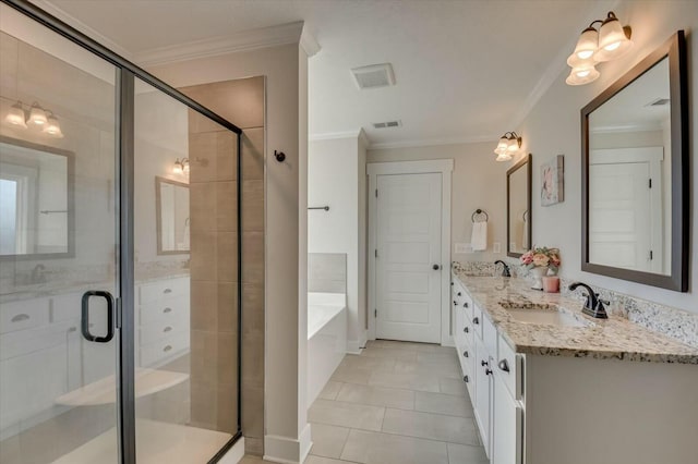 bathroom with ornamental molding, independent shower and bath, tile patterned flooring, and vanity