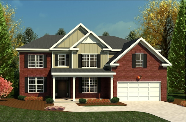 view of front facade with brick siding, board and batten siding, driveway, and a garage