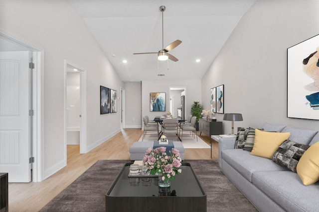2247 Archer Ln, Augusta, GA 30906 - living room with wood finished floors, a ceiling fan, high vaulted ceiling, and recessed lighting