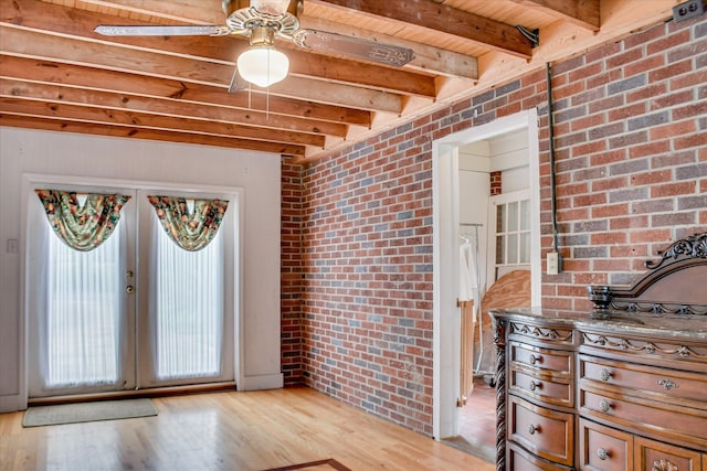 2336 Redwood Dr, Augusta, GA 30904 - foyer entrance with light wood-type flooring, brick wall, ceiling fan, wooden ceiling with exposed beams, and french doors