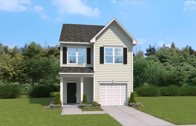 view of front of home featuring a garage and a front lawn