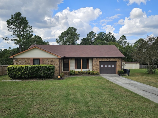 ranch-style home with a garage and a front lawn