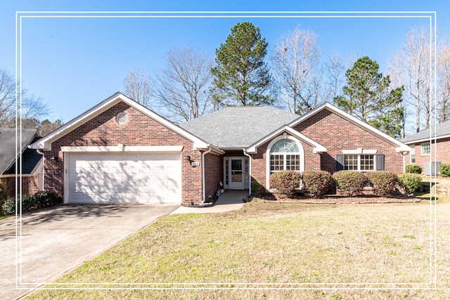 ranch-style house with brick siding, an attached garage, a front lawn, roof with shingles, and driveway