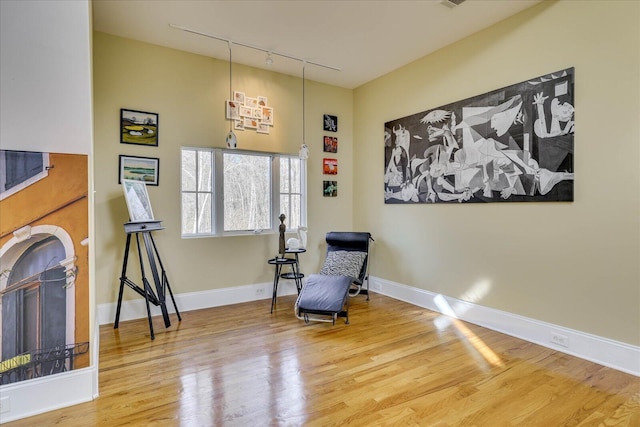 living area with track lighting and hardwood / wood-style floors