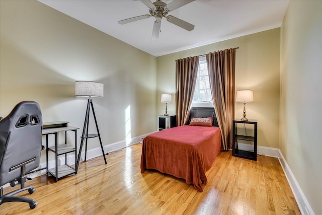 bedroom featuring ceiling fan and light hardwood / wood-style flooring