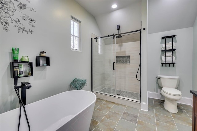 bathroom featuring toilet, tile patterned flooring, shower with separate bathtub, and vaulted ceiling