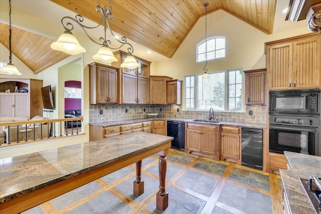 kitchen featuring pendant lighting, black appliances, decorative backsplash, sink, and wood ceiling