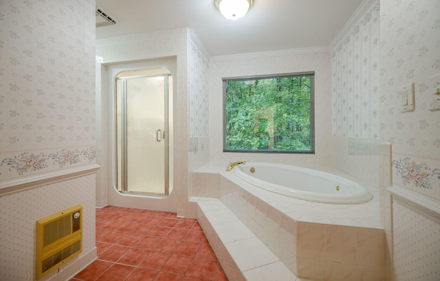 bathroom with tile patterned floors, heating unit, separate shower and tub, and ornamental molding