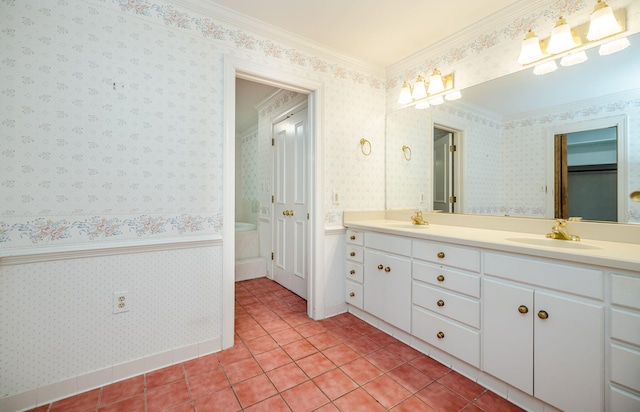 bathroom featuring crown molding, tile patterned flooring, and vanity